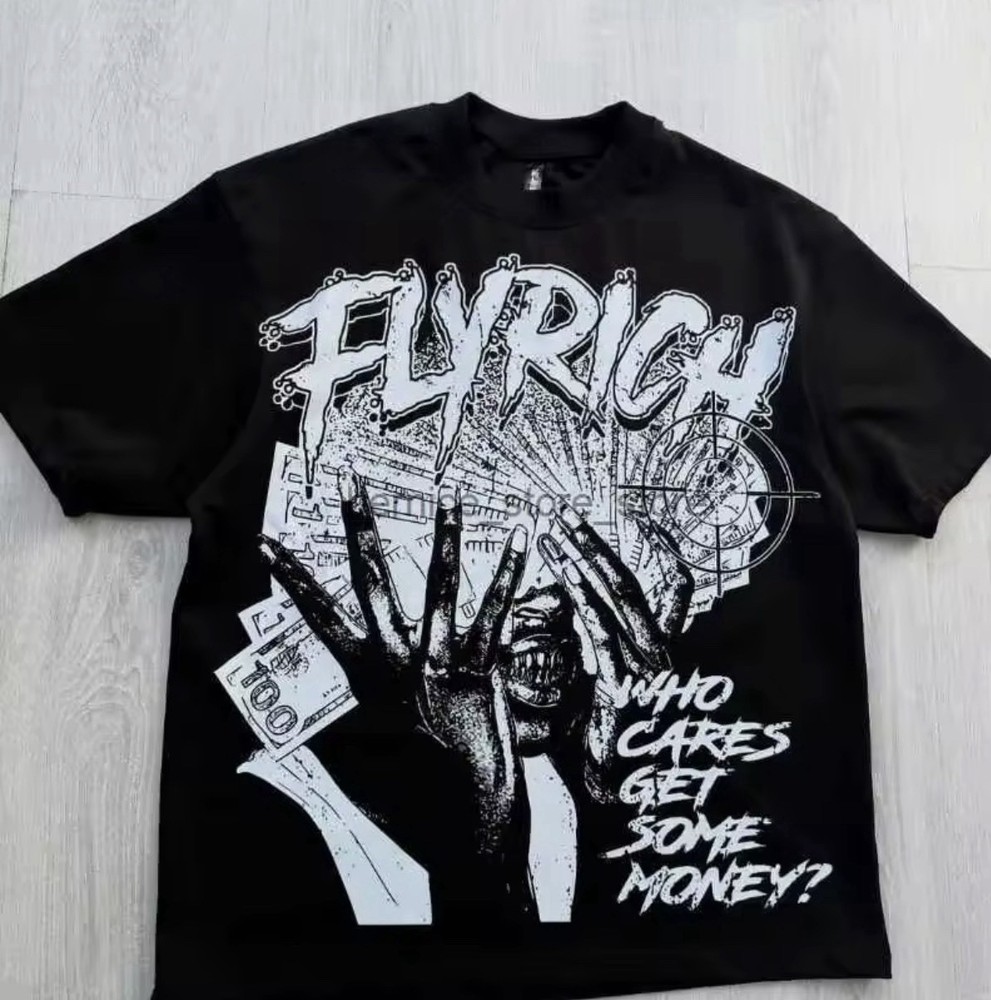 Fly Rich Men's Money Graphic Print Crew Neck Short Sleeve T-Shirt Black White