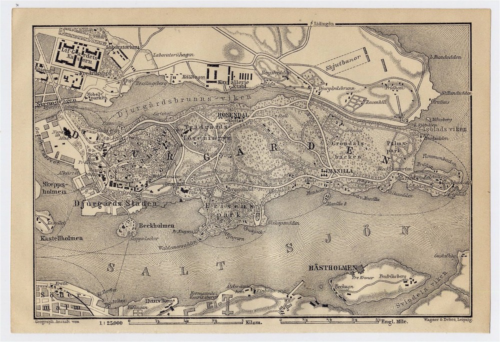 1912 Original Antique Map Of Djurgarden Island Stockholm / Sweden