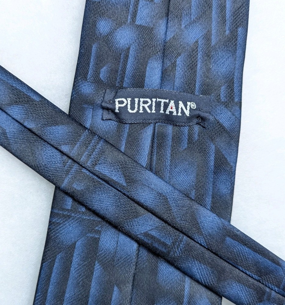 PURITAN Vtg Navy Blue Geometric Silk NECKTIE TIE