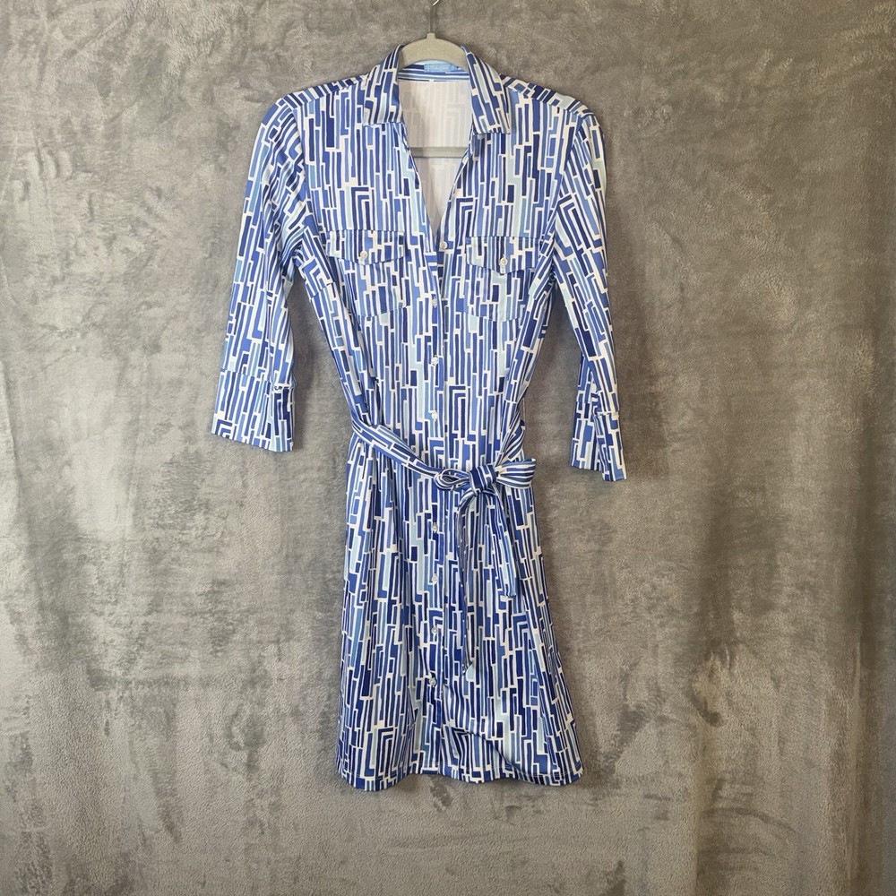 J Mclaughlin Brynn Shirt Dress Tie Front Blue Geometric Size Small Stretch