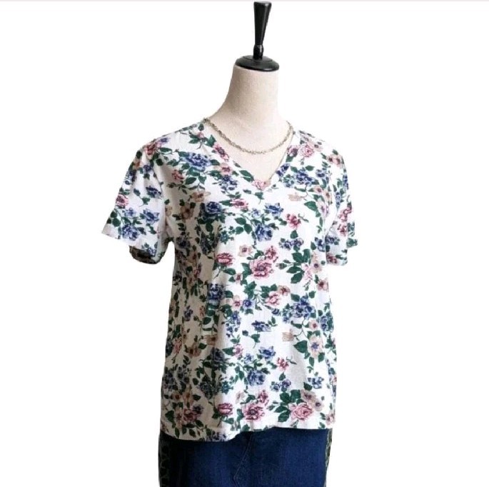 90s Confetti Floral Top Womens Large White V Neck Short Sleeve Vintage Blouse