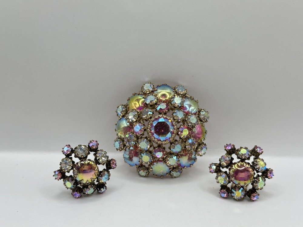 Vintage Schreiner Aurora Borealis Pink Domed Brooch Earring Set