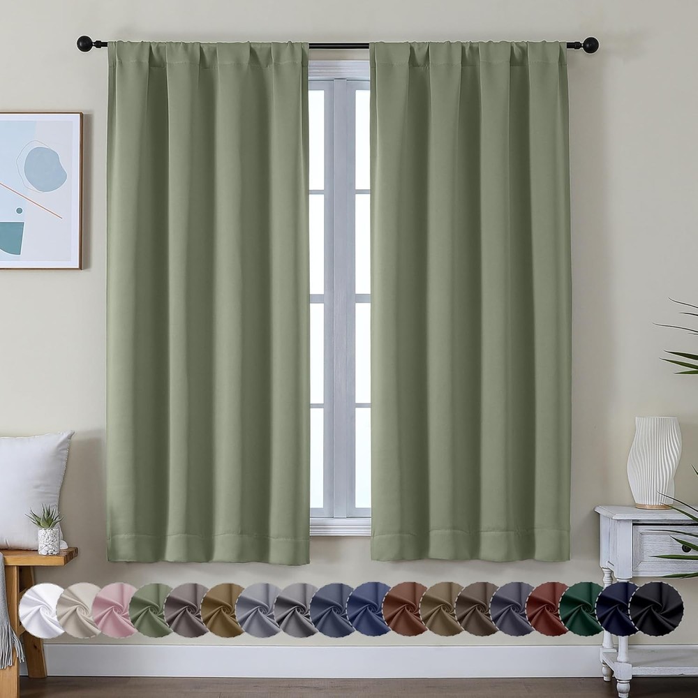 Sage Green Blackout Curtains for Bedroom 63 Inch Length 2 Panels Set