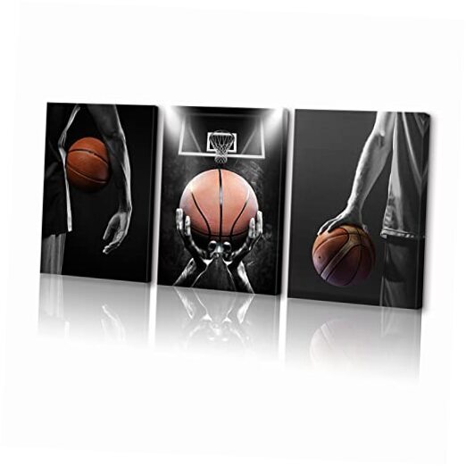 -3 Pieces Art Prints Black and White Wall Art Antique 16x24inx3PCS Basketball