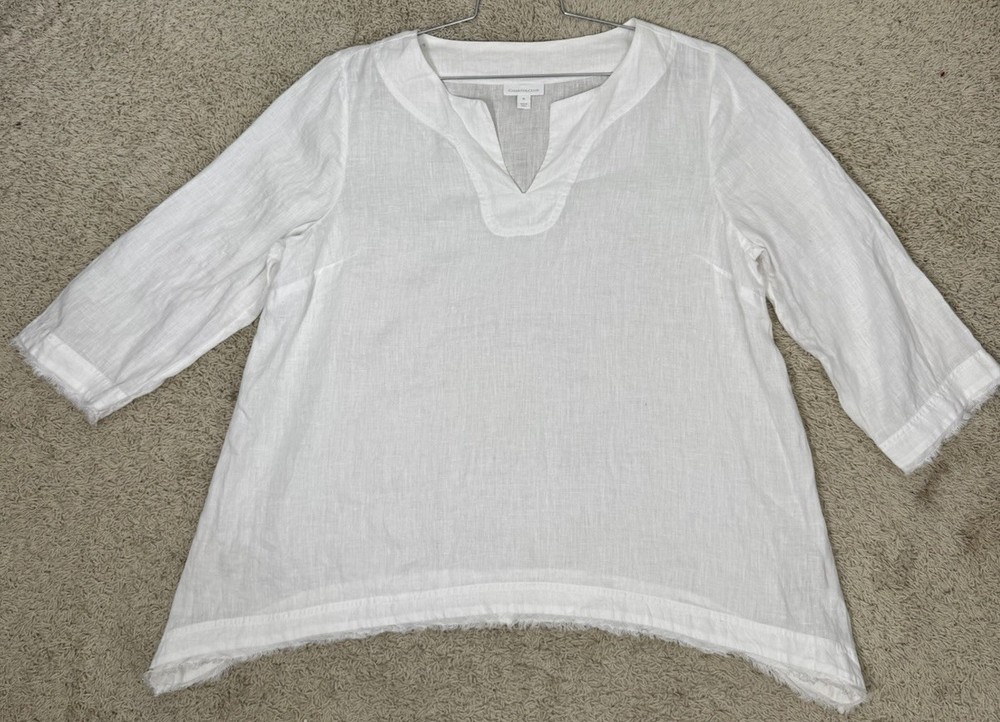 Charter Club Women's White Linen Split Neck 3/4 Sleeve Tunic Top Size XL Raw Hem