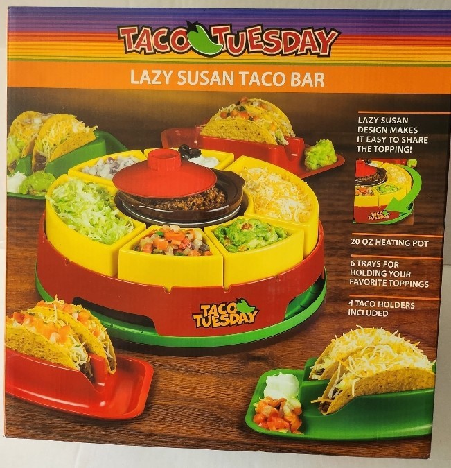 Heated Lazy Susan Taco Bar Serving Set with 4 Tortilla Warmers for Parties