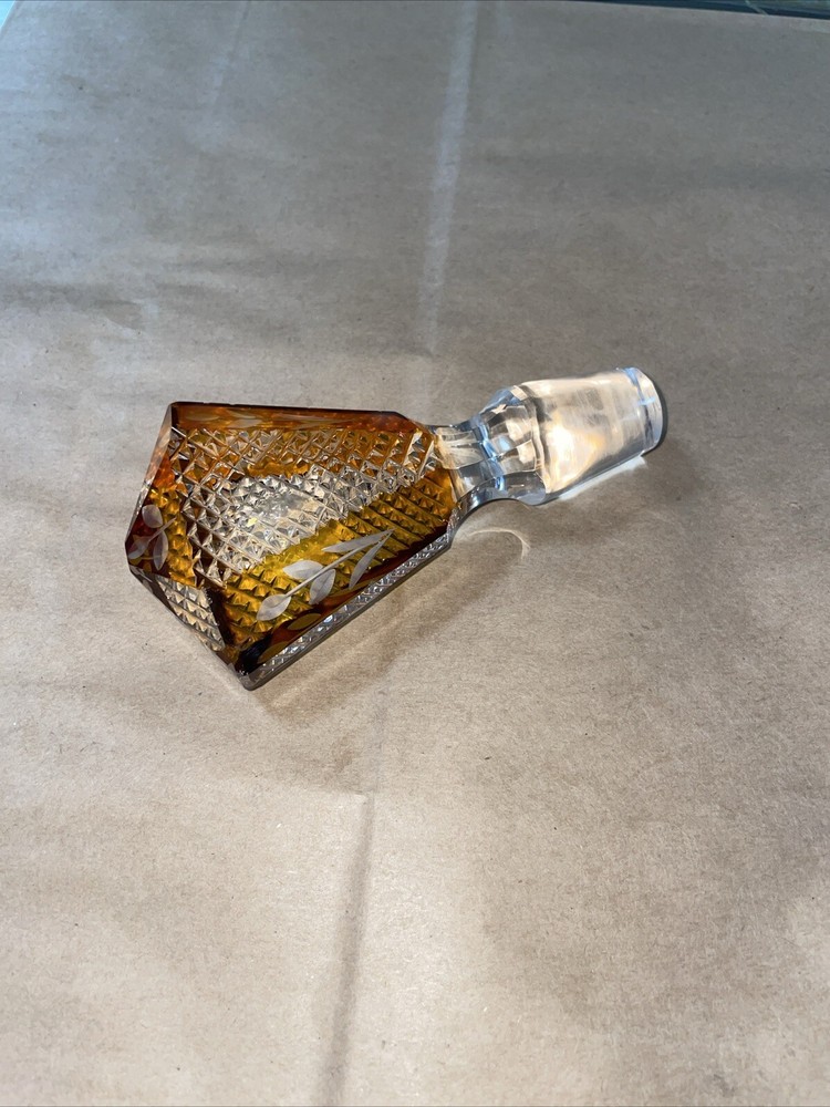 Vintage Antique Cut to Clear Amber Gold Crystal Glass Decanter Stopper Only