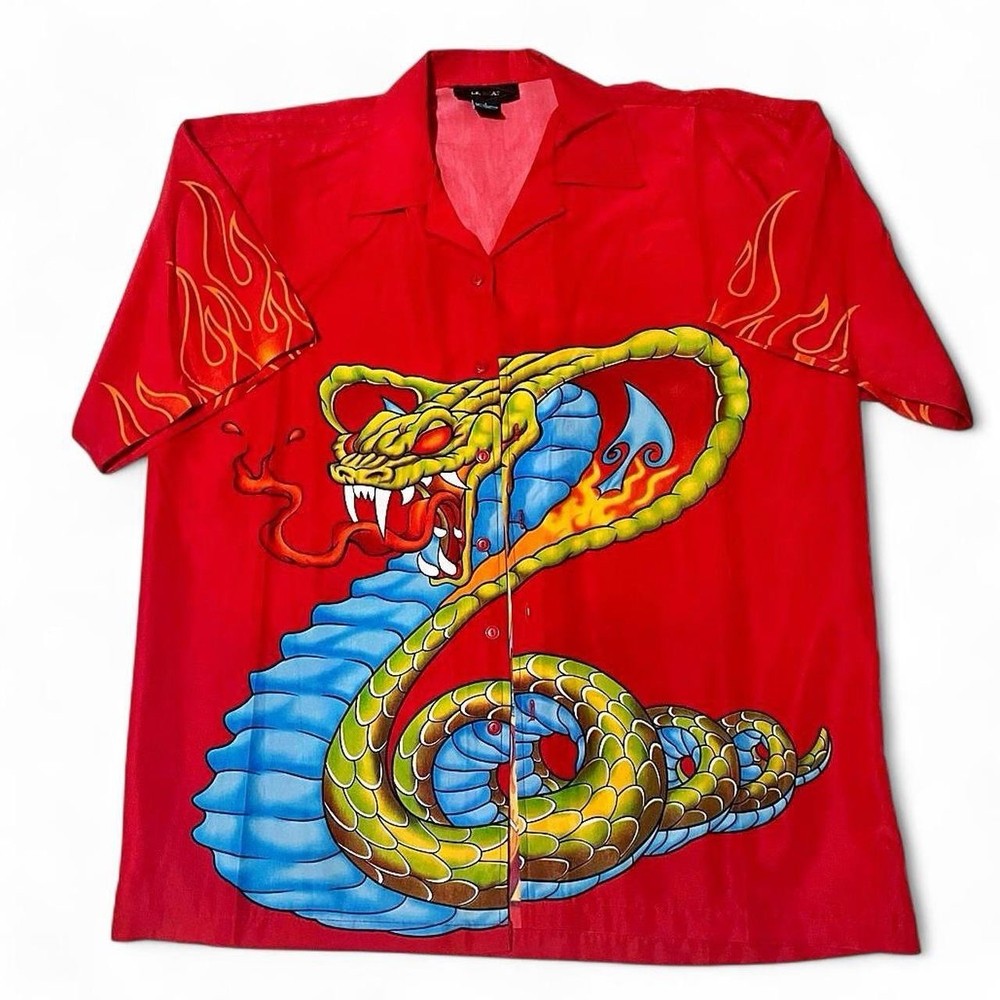 Men's Button-Up Shirt Short Sleeve Red Snake & Flame Graphic Print