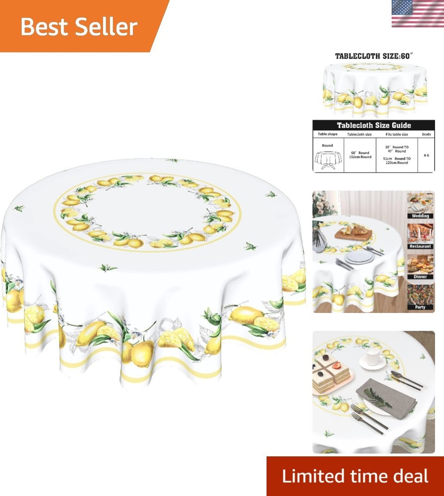 Summer Lemon Round Tablecloth 60 Inch Watercolor Lemon Yellow White Table Clo...