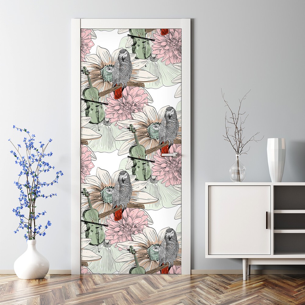 Parrot among flowers removable Door sticker grey mural Self Adhesive Peel Stick