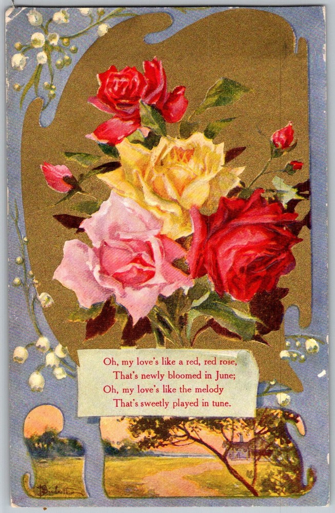 Antique Postcard Roses Bouquet Poem 1910s