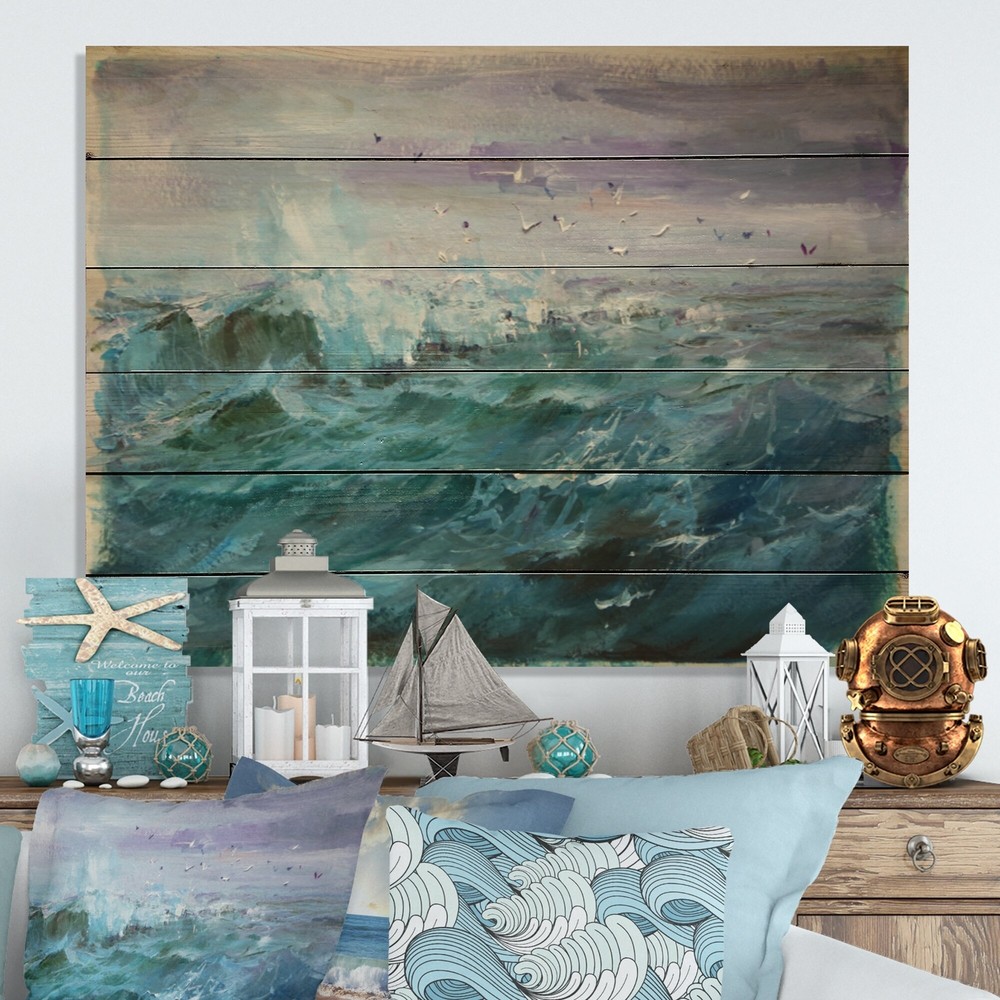 Designart 'Warm Surf Waves II' Nautical & Coastal Wood Wall