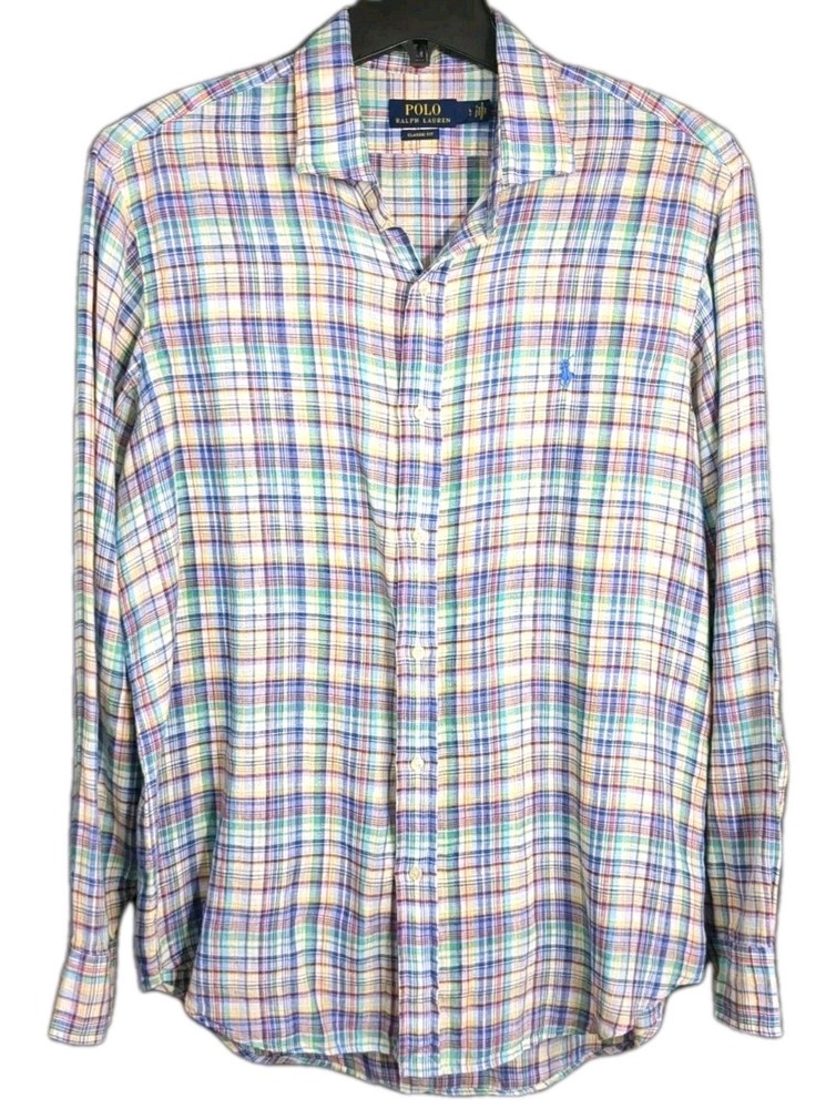VTG Polo Ralph Lauren 100% Linen Men's Size Large Classic Fit Plaid Blue Pony LS