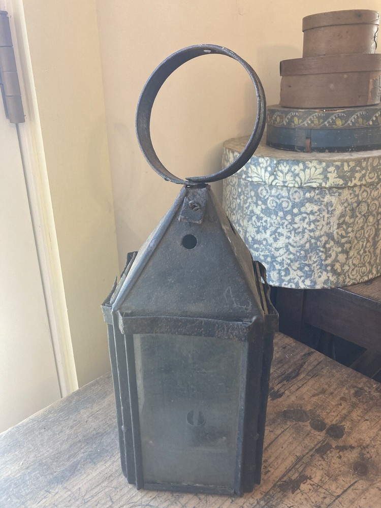 Nice! Antique primitive Early lighting Sheet Iron Tin Lantern solid condition