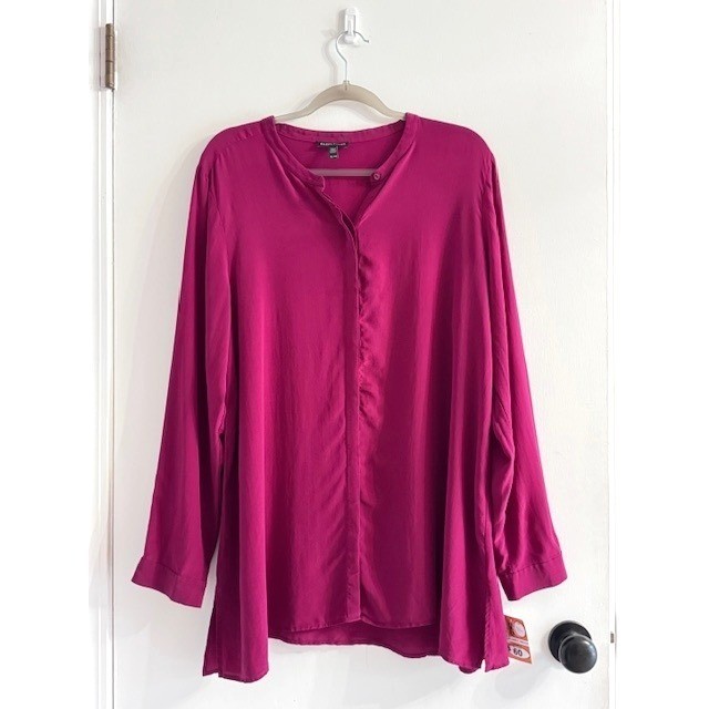 Eileen Fisher Magenta 100% Silk Mandarin Collar Button Down Tunic XL Luxury