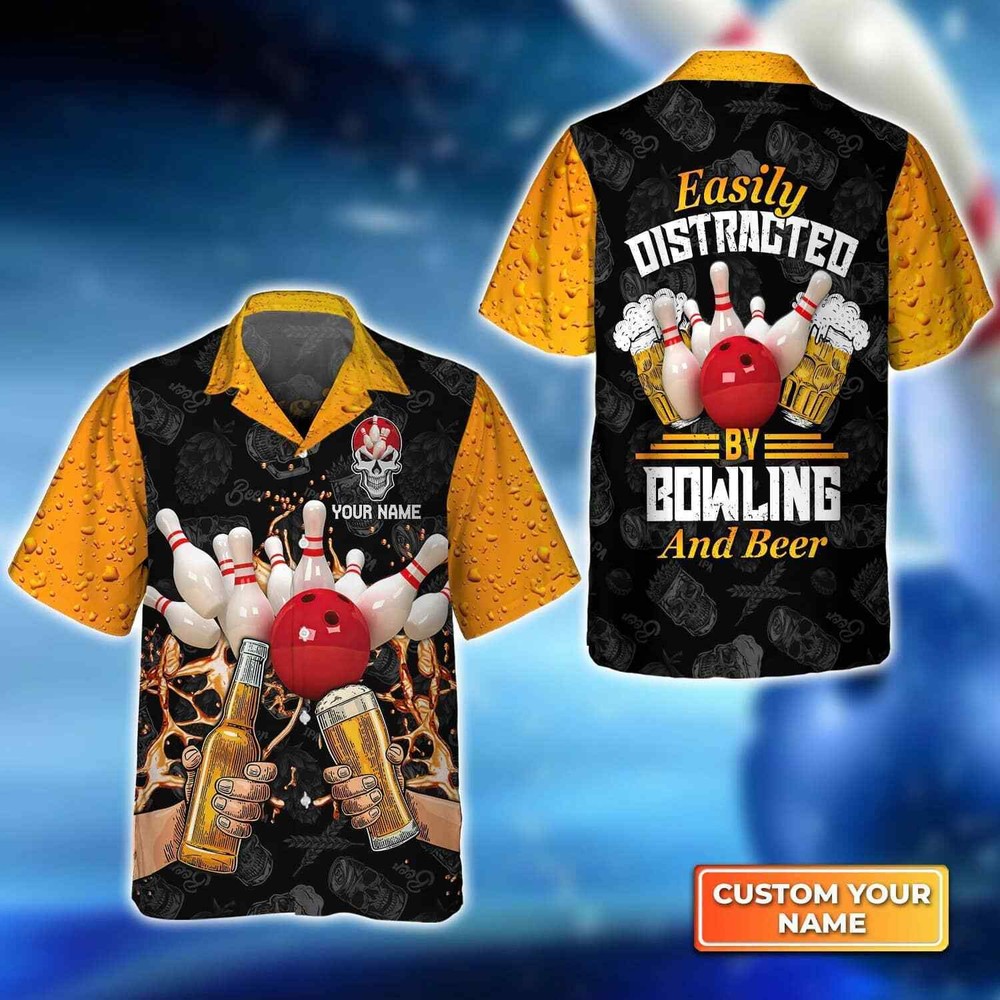 Easily Distracted By Bowling And Beer Personalized Name 3D Trendy Hawaiian Shirt