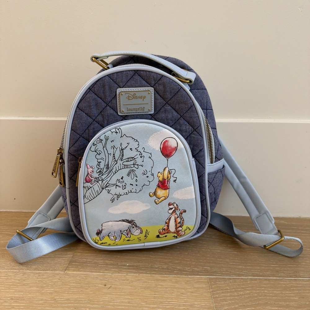 Disney Parks Winnie The Pooh and Friends Quilted Denim Mini Backpack Lounge Bag