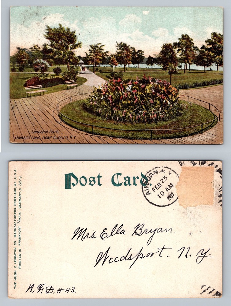Auburn, NY-New York Lakeside Park Owasco Lake Garden View Vintage c1907 Postcard