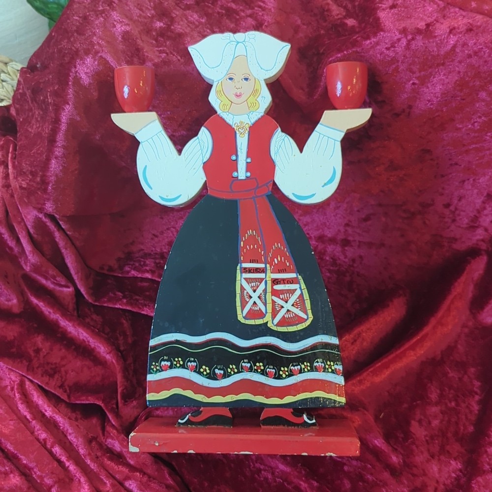 Vintage Ikea Hand Painted Folk Art Wooden Woman  Candle Holder