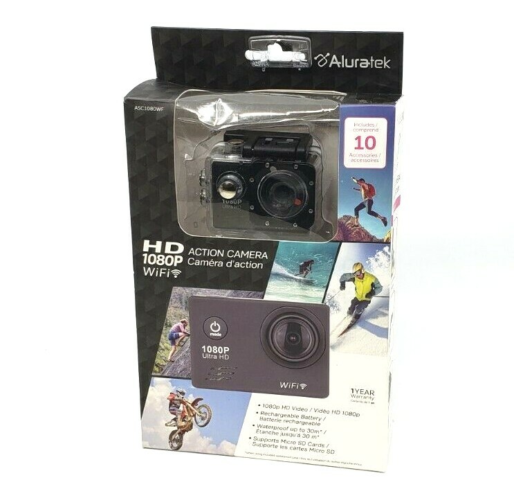 Aluratek ASC1080F Sports Hd Action Camera 1080P 12MP 30m Underwater Case [LN]™