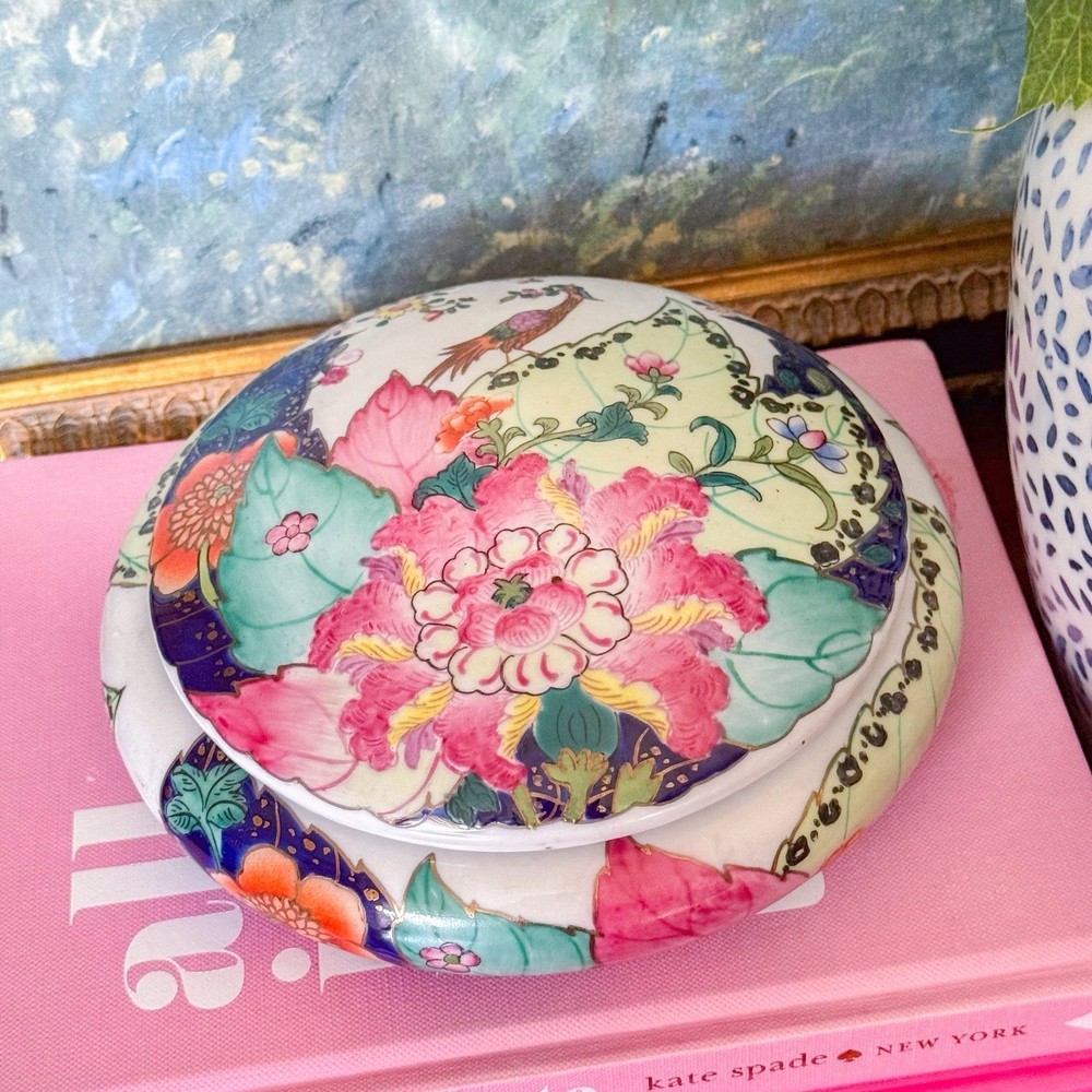 Vintage Tobacco Leaf Round Lidded Box Vanity Jar Porcelain Andrea Sadek Rare