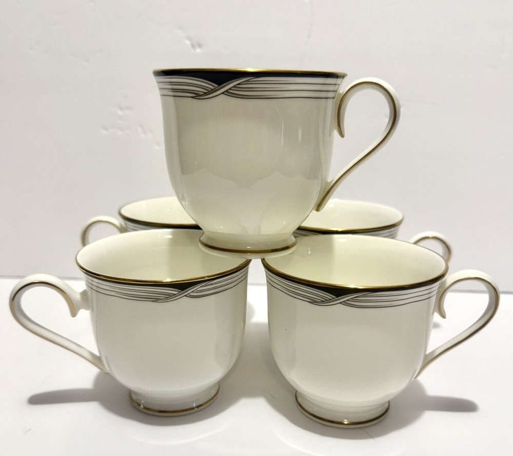 5 Lenox ERICA Debut Collection White Black Band Bone China Cups