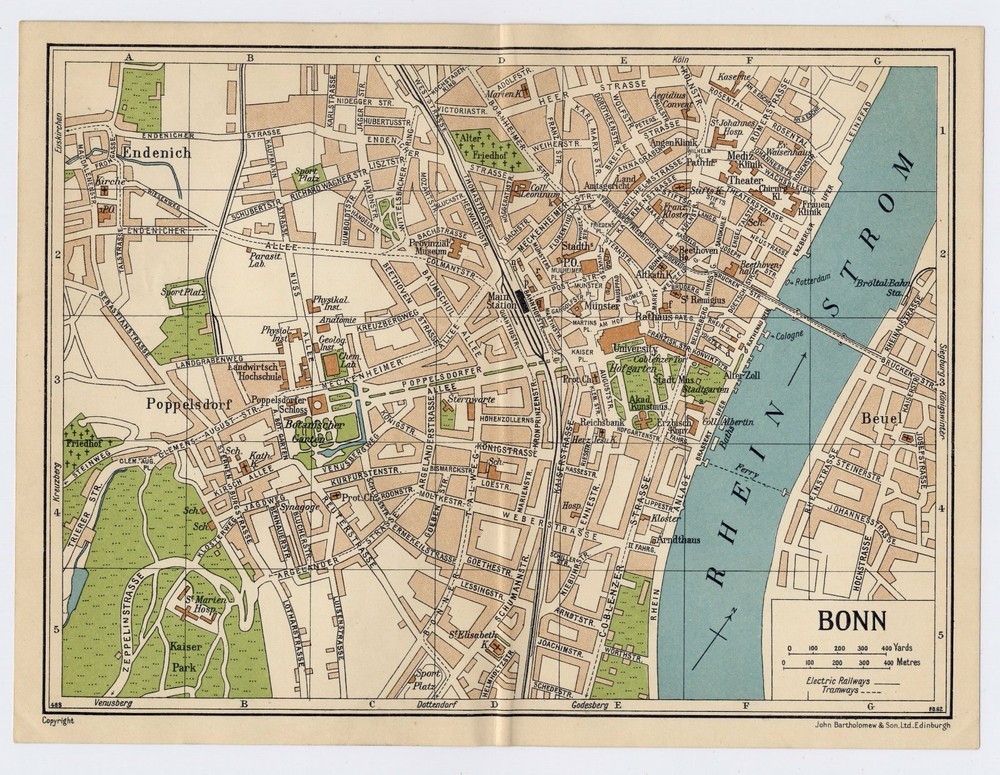 1933 Vintage City Map Of Bonn / North Rhine-Westphalia / Germany