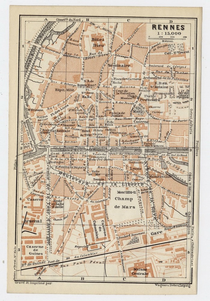 1909 Antique City Map Of Rennes / Brittany Bretagne / France