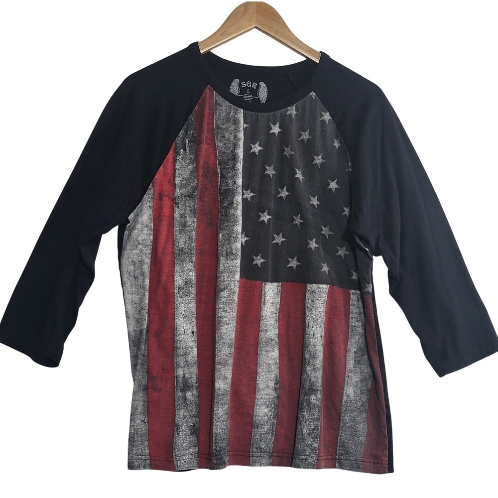 SGR Mens American Flag Raglan Baseball Tee Black 3/4 Sleeve Cotton Shirt Large