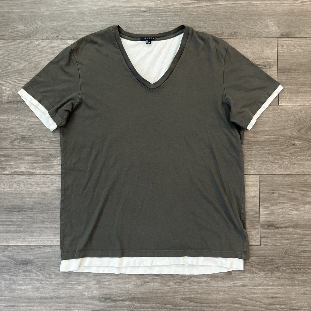 Theory Mens M V-Neck T Shirt Dark Green Cream