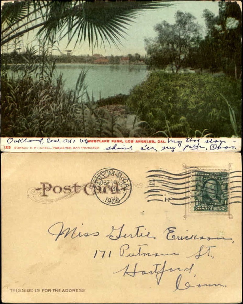 Westlake Park Los Angeles California~Mitchell UDB~1906 to ERICKSON Hartford CT