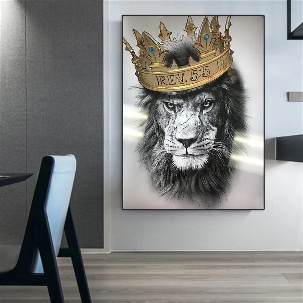 Animal Lion With Golden Crown Canvas Painting Abstract Posters Prints Wall Art-image