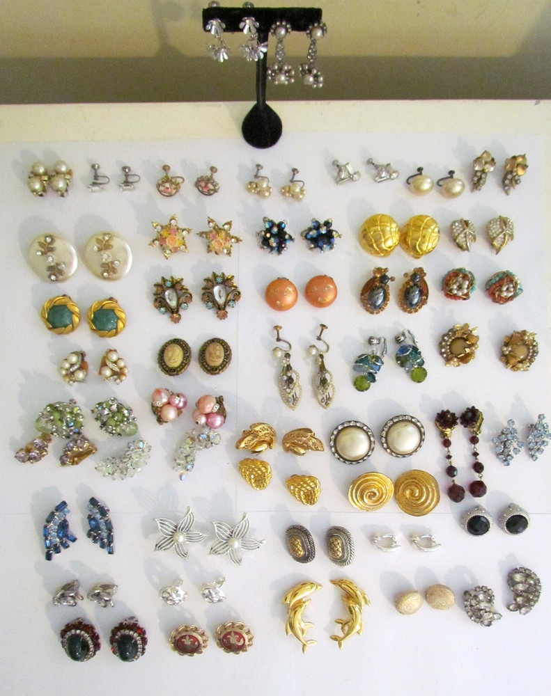 Lot of 46 Pairs of Vintage Clip On & Screw Back Earrings Rhinestone Fashion etc.