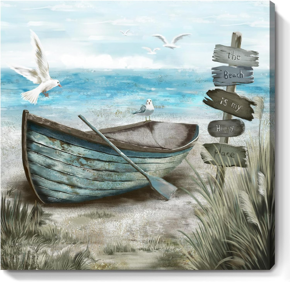 Bathroom Wall Art Coastal Décor Nautical Boat on Beach Canvas Picture Ocean Seag