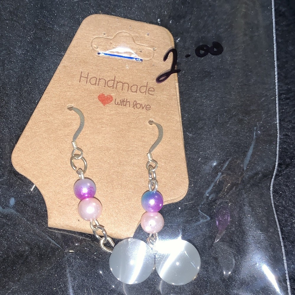 Handcrafted Beaded Dangle Hook Earrings Silver Plated Purple Pink Round Beads