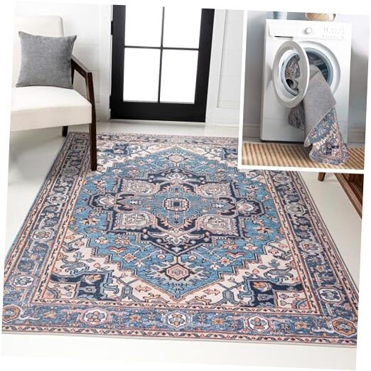 Machine Washable Blue/Beige Indoor Area Rug 3X5 ft, Cirali Ornate Large