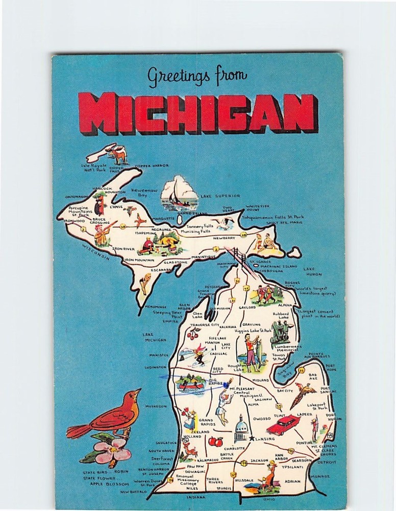 Postcard Map of Michigan USA