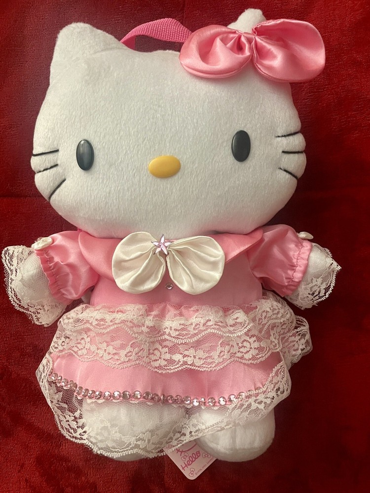 2005 Sanrio Hello Kitty in Pink Dress Lace Plush Backpack Bag 15” Very Rare New!
