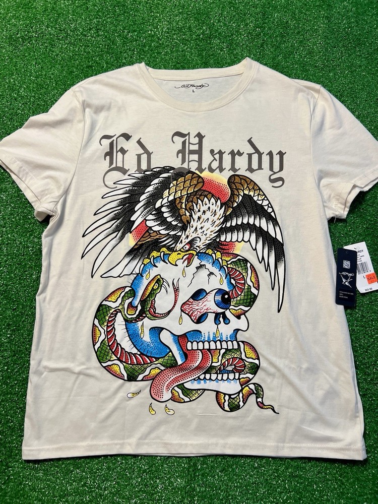 Ed Hardy T Shirt Mens Lrg Stone Rhinestone Eagle Snake Battle Skull Graphic New