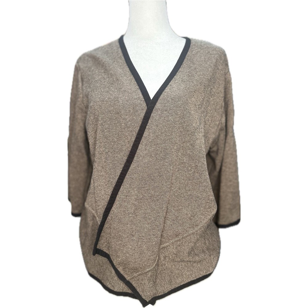 Alfani Sweater Open Front Angled Front Hem 3/4 Sleeve Brown W/Black Trim size XL