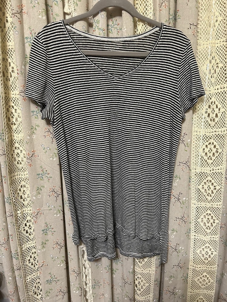 Eileen Fisher Organic Linen Stripe Tee Black White V Neck Top Small