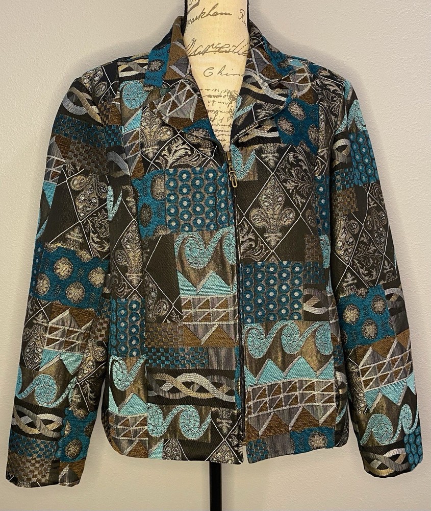 Dress Barn Womens XL Vintage Jacquard Fleur De Lis Blue Black Zip Up Jacket