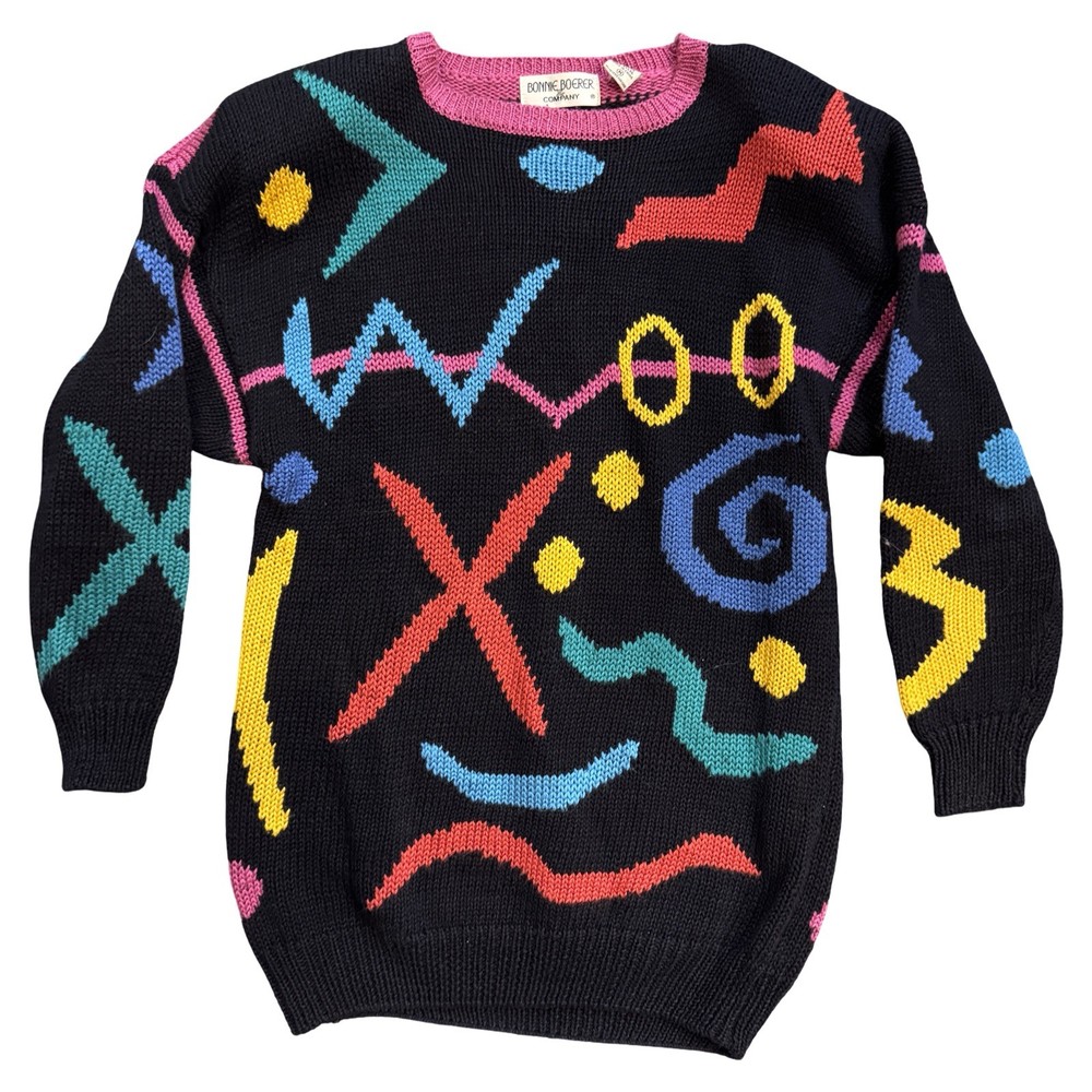 Vintage 80s Bonnie Boerer Oversized Abstract Graphic Sweater Geometric Size M-image