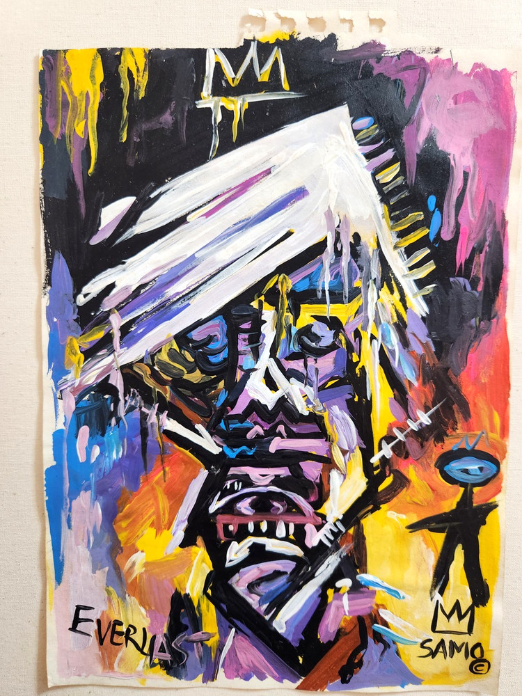 JEAN MICHEL BASQUIAT 12x9 in. Painting on paper (Andy Warhol) signed & stamped
