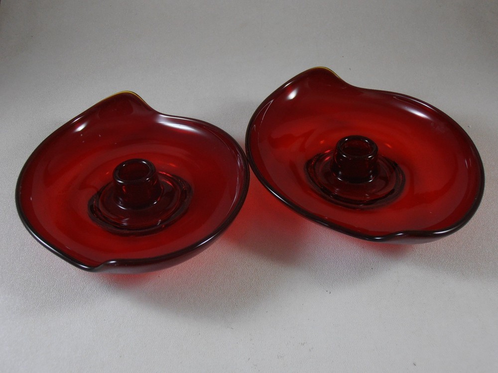 Vintage Pair Viking Art Glass Ruby Red Candle Holder Free Form MCM