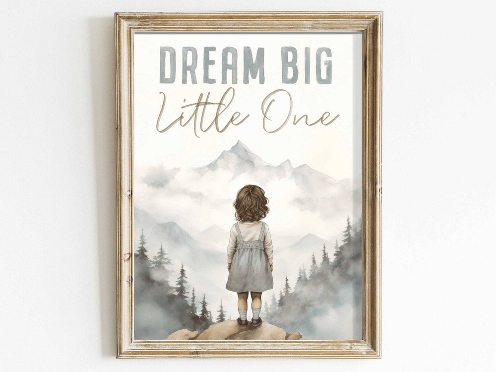 Dream Big Little One Nursery Quote Wall Art Motivational Saying Girls Adventure