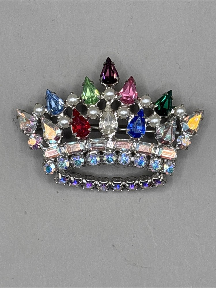 Vintage B David Multi Colored Rhinestone & Faux Pearl Crown Brooch Pin