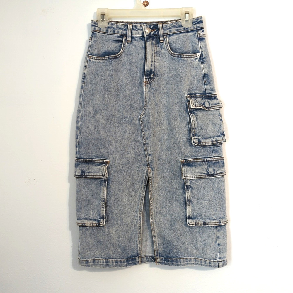 Wild Fable Small Midi Biker Cargo Denim Skirt Front Slit Ligh Faded Wash Utility