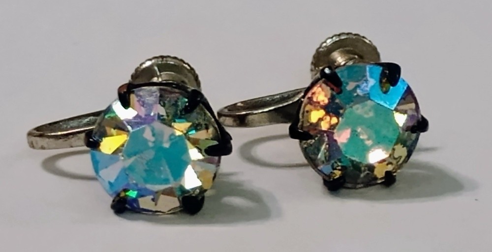 Vintage Aurora Borealis Rhinestone Screw Back Earrings – Silver Tone 1950s