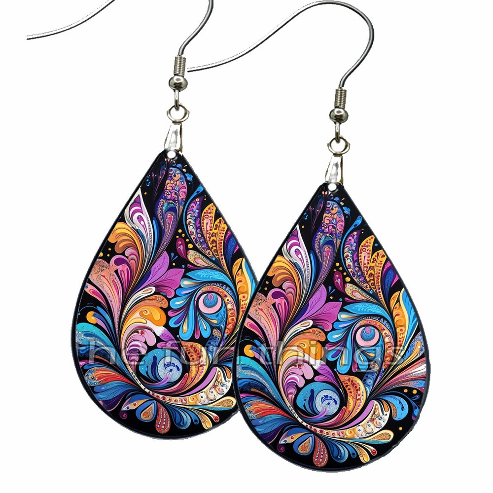 Bohemian Floral Swirl Teardrop Wood Earrings No Tarnish Abstract Art-image